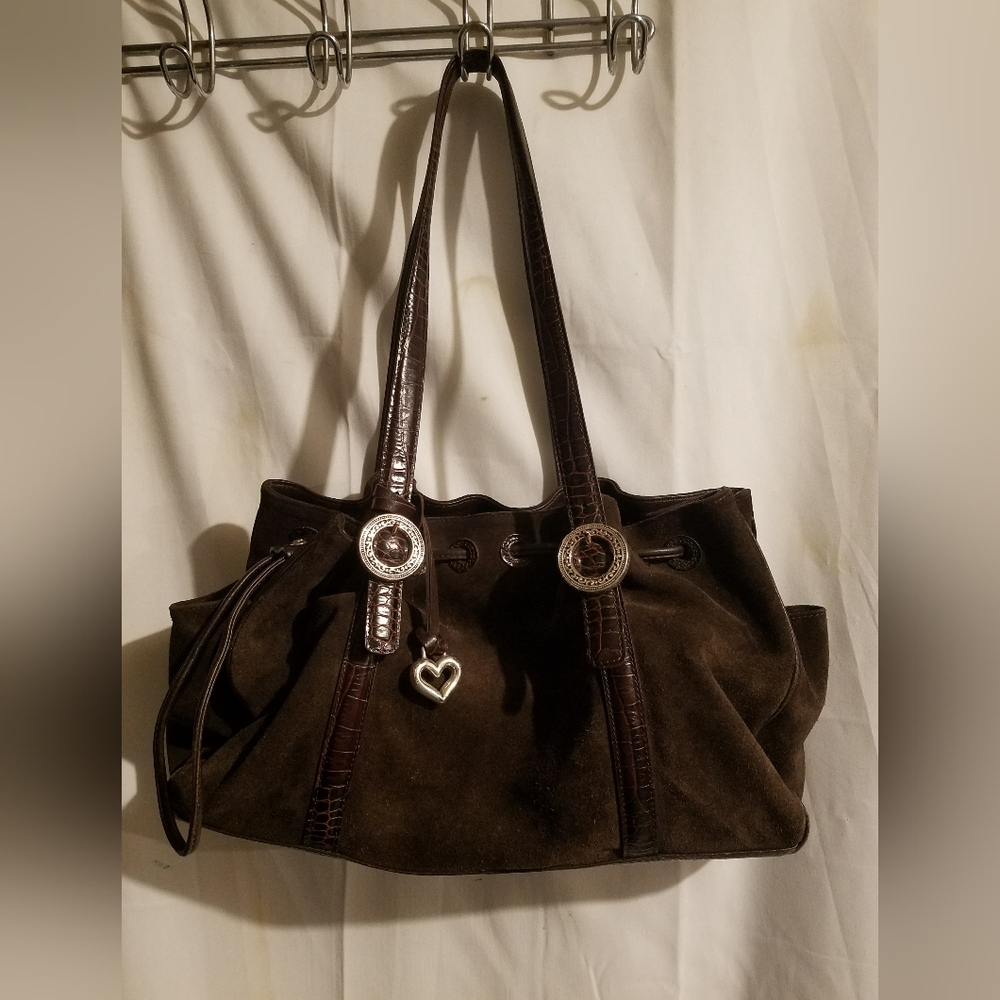 Brighton Brown Suede Shoulder Tote with Heart Charm